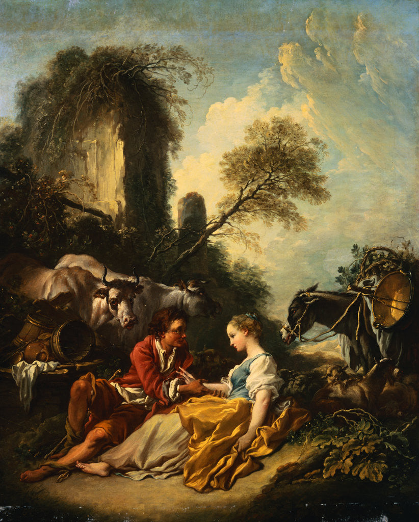 Detail of A Pastoral Landscape with a Shepherd and Shepherdess Seated by Ruins by Francois Boucher