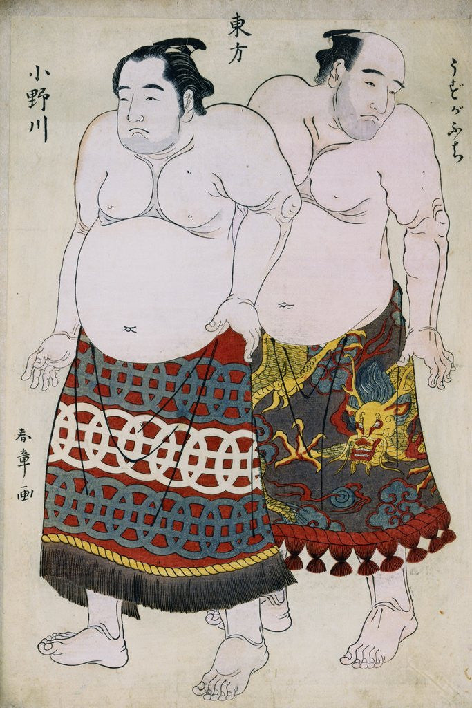 Detail of Full-Length Portraits of Wrestlers from the Eastern Group, Uzugafuchi on the Right and Onogawa on the Left by Shunsho