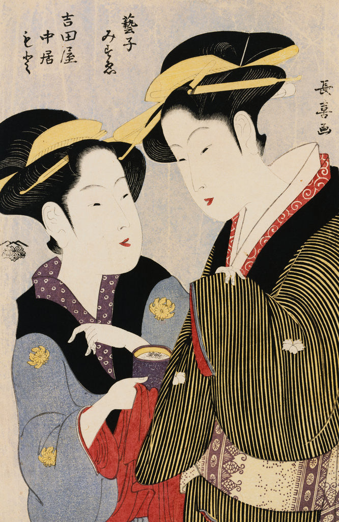 Detail of Double Half-Length Portrait of Moto, a Maidservant of the Yoshidaya and the Geisha Mizue by Momokawa Choki