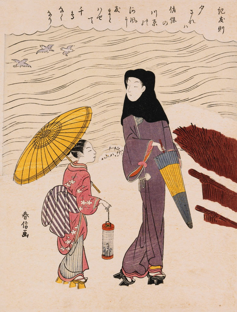 Detail of Chuban Tate-e A Beauty in a Black Hood and a Young Girl Holding an Umbrella by Harunobu