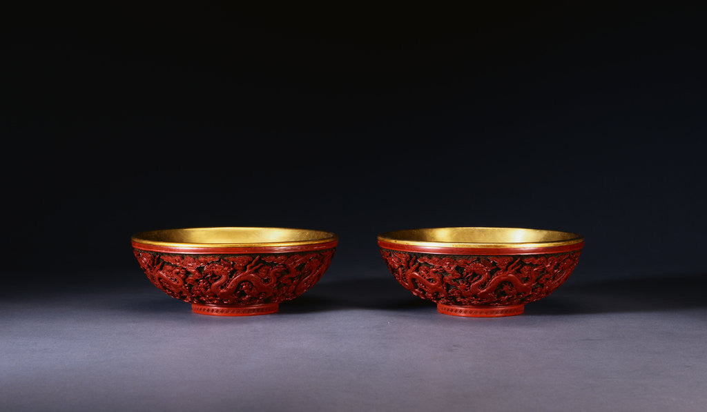 Detail of A Pair of Carved Red Lacquer Dragon Bowls by Corbis