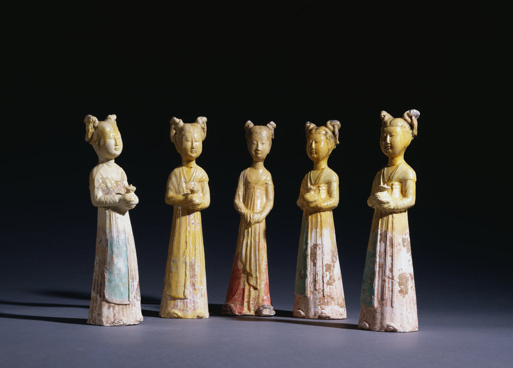 Detail of A Group of Five Painted Straw-Glazed Pottery Figures of Female Attendants, Tang Dynasty by Anonymous