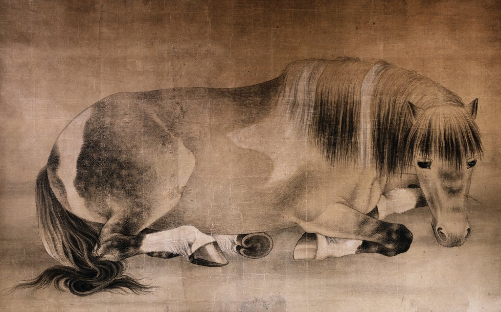 Detail of Melancholy Horse Qing Dynasty Scroll Painting by Corbis