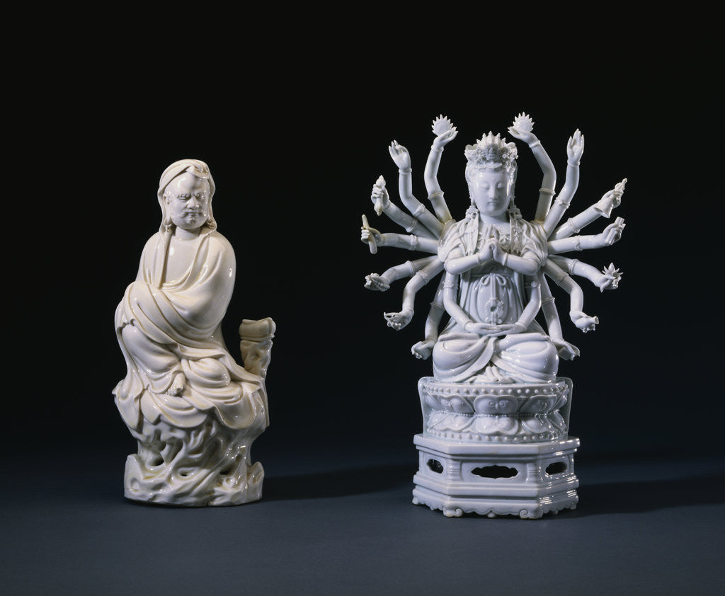 Detail of A Pair of Blanc-De-Chine Figures of Luohan and an Eighteen-Armed Guanyin by Anonymous