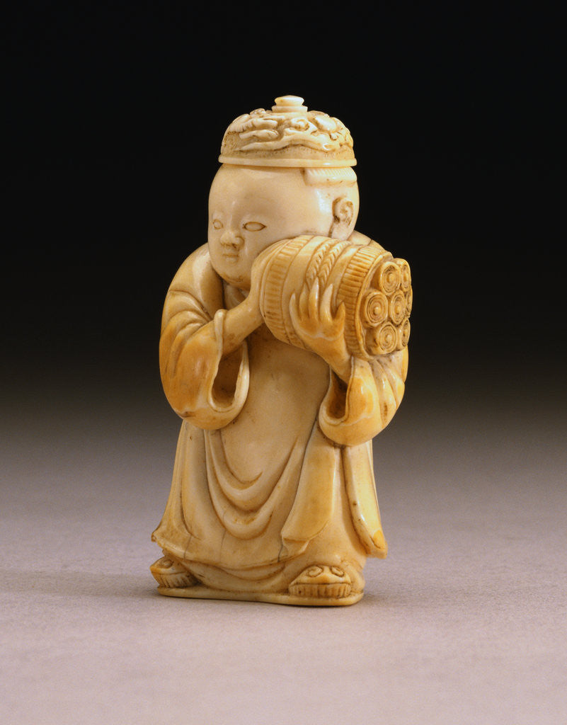 Detail of Three-Quarter View of An Extremely Rare and Fine Ivory Figural Bottle, Qianlong Four-Character Seal Mark Incised on the Base and Possibly of the Period by Anonymous