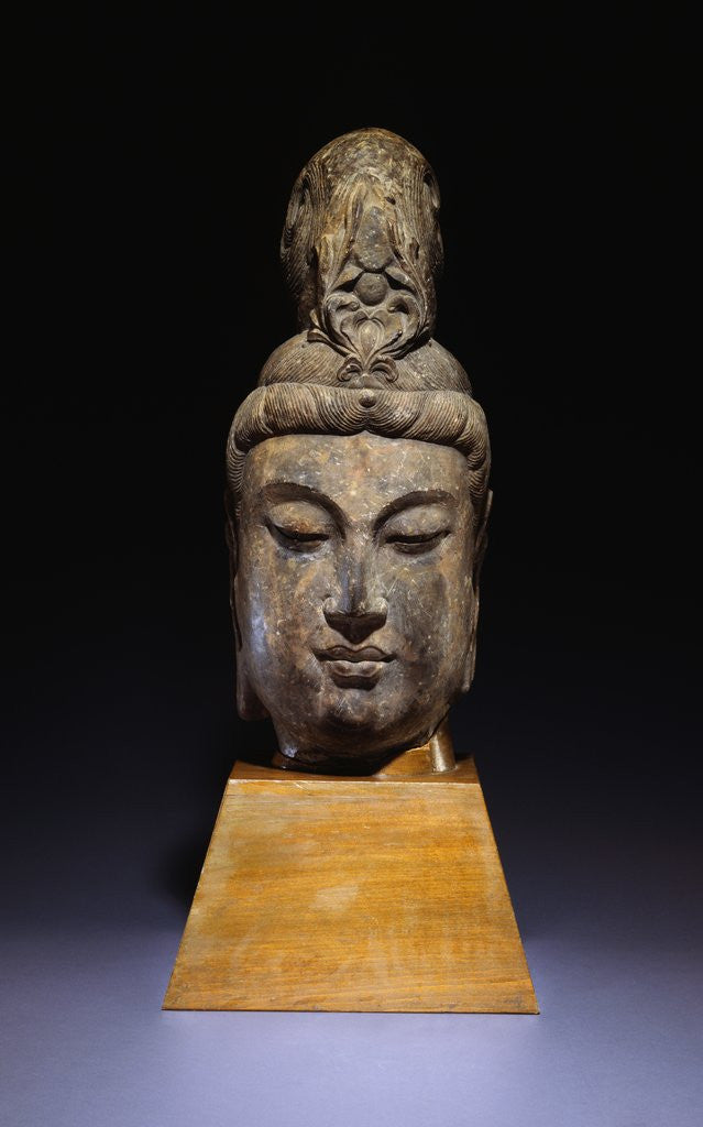 Detail of A Large Mottled Grayish Stone Head of a Bodhisattva. Tang Dynasty by Anonymous