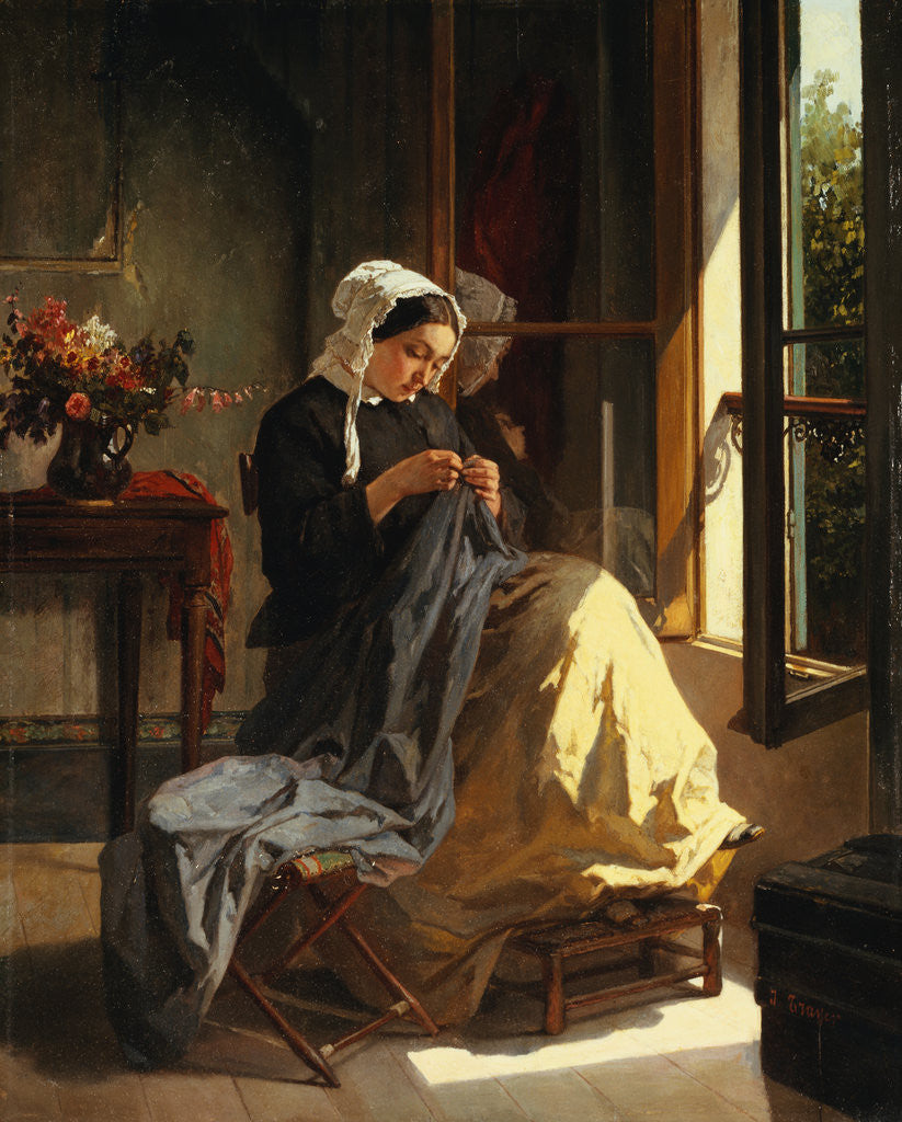 Detail of A Woman Sewing by an Open Window by Jules Trayer