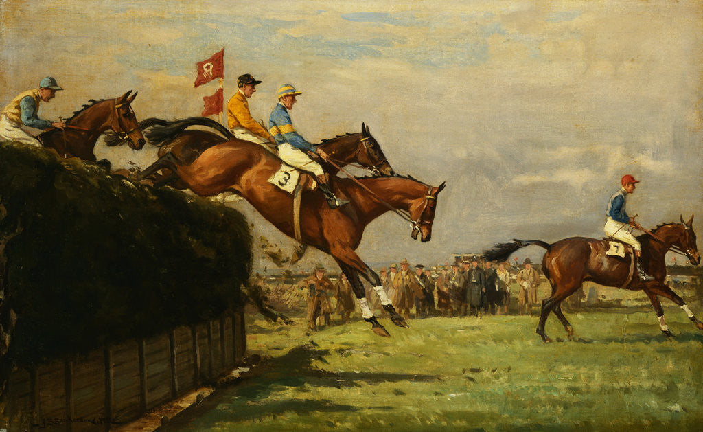 Detail of The Grand National Steeplechase: Really True and Forbia at Beecher's Brook by John Sanderson-Wells