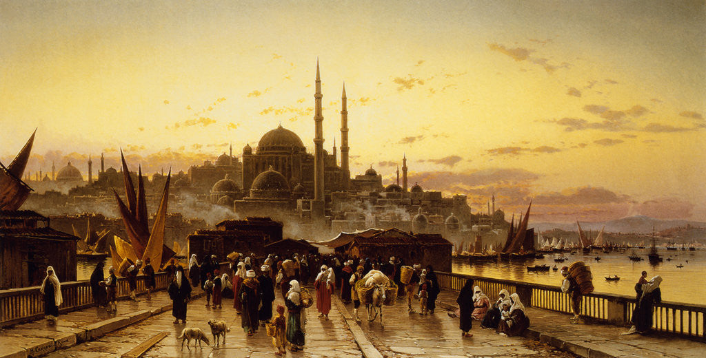 Detail of Dusk on the Galata Bridge and theYeni Valide Djami, Constantinople by Hermann David Soloman