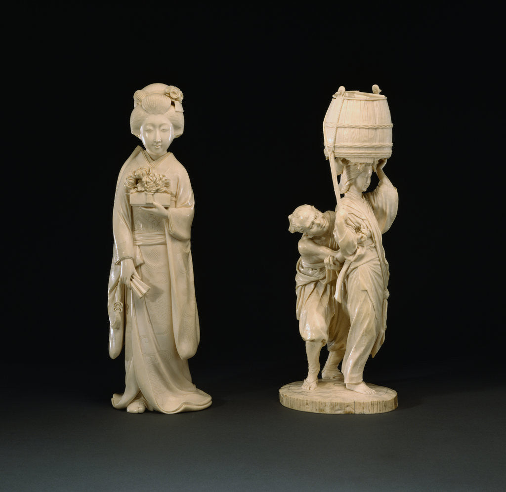 Detail of Ivory Figure Group, Meiji Period by Shibayuki and Large Ivory Female Figure, Meiji Period by Hidehiro