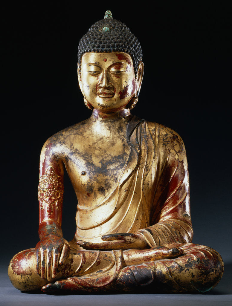 Detail of A Documentary Red, Lacquered Gilt, Bronze, Seated Figure of Vairocana Buddha from Yunnan Province by Anonymous
