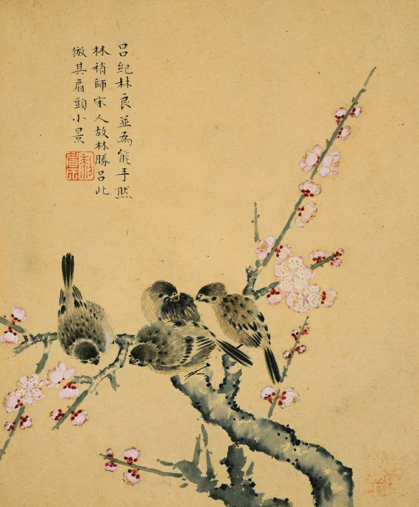 Detail of Plum Blossoms and Sparrows by Zhou Xianji