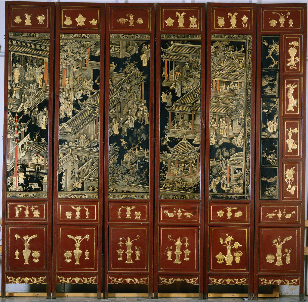 Detail of Lacquered Japanese Screen with Figures by Anonymous