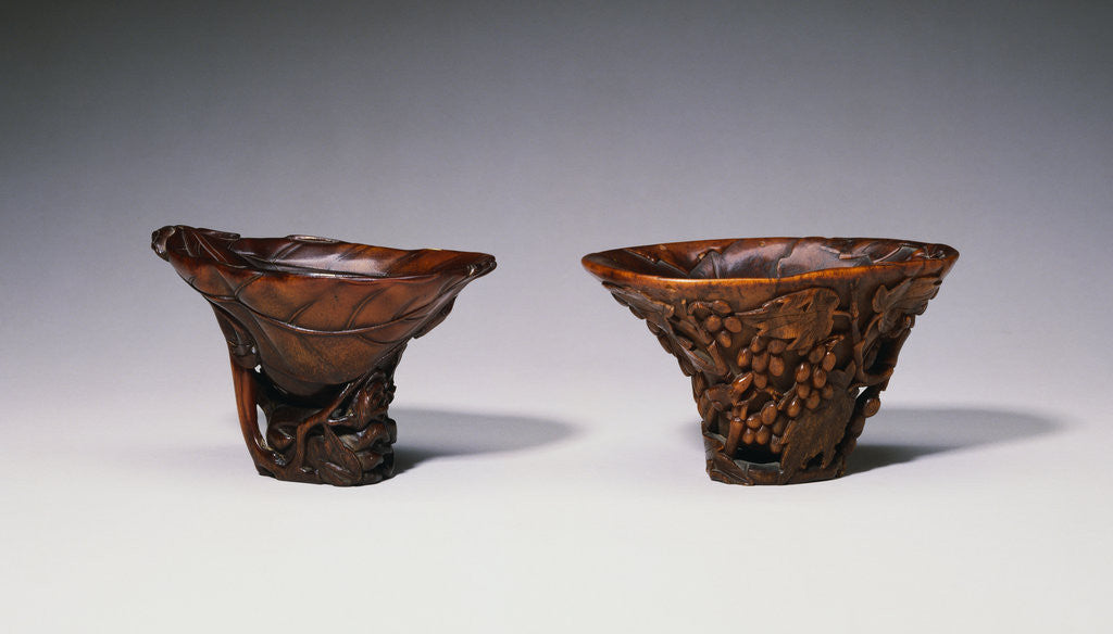 Detail of Two Chinese Rhinoceros Horn Libation Cups with Carved Designs by Anonymous
