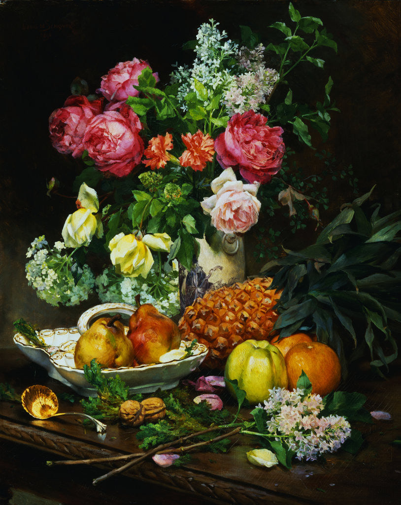Detail of Painting of Roses in a Vase, Pears in a Porcelain Bowl and Fruit on an Oak Table by Anonymous