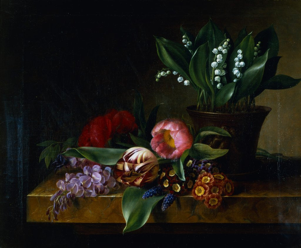 Detail of Painting of a Lily of the Valley, Tulips, Primula and Other Flowers on a Ledge by Hanne Hellesen