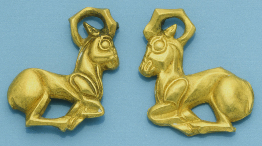 Detail of Pair of Ziwiye Gold Ibex Bracteate in the Form of Opposing Ibex, Reclining with Feet Folded. Circa Late 8th-7th Century B.C. by Anonymous