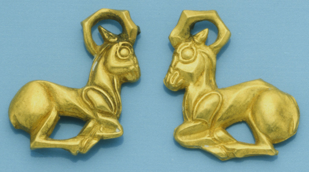 Detail of Pair of Ziwiye Gold Ibex Bracteate in the Form of Opposing Ibex, Reclining with Feet Folded. Circa Late 8th-7th Century B.C. by Corbis
