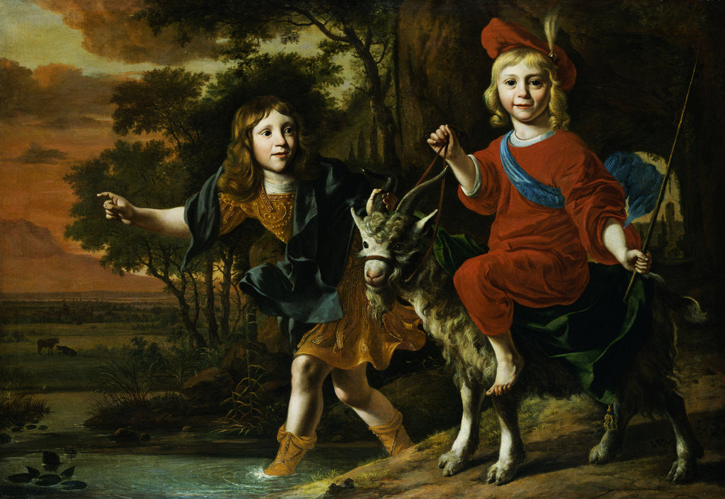 Detail of Portrait of a Young Boy Wearing Classical Dress and His Brother Seated on a Goat in an Extensive Landscape by Christoffel Pierson