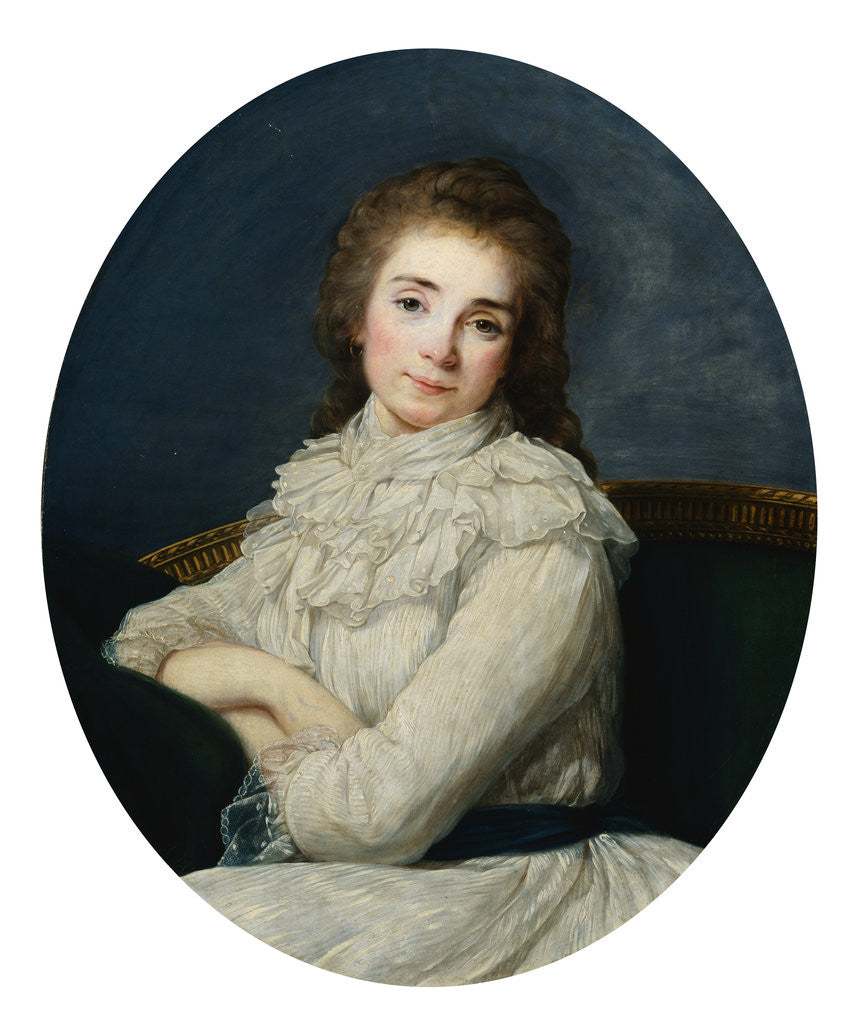 Detail of Portrait of a Lady Wearing a White Dress Tied With a Blue Sash On a Sofa by Angelica Kaufmann