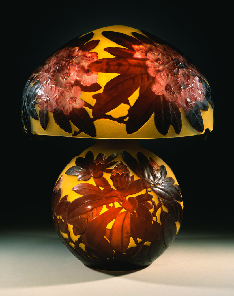 Detail of A Red 'Rhododendron' Mold-Blown, Overlaid and Etched Glass Table Lamp by Emile Galle