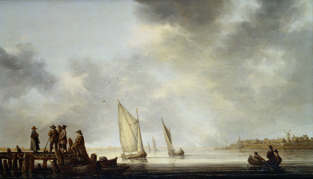 Detail of Painting of a River Landscape with Sailing Vessels, a Rowing Boat and Sportsmen on a Jetty by Aelbert Cuyp