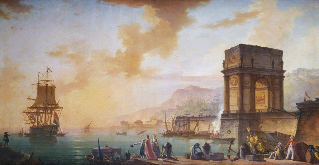 Detail of Painting of Morning, a Capriccio of the Embarking of a Ship from Marseille by Charles F. Lacroix de Marseille