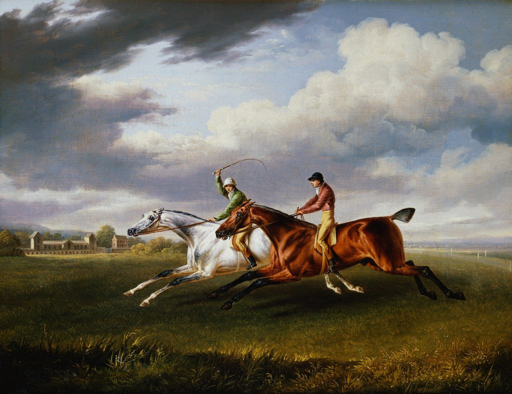 Detail of Two Racehorses With Jockeys Up Exercising in a Landscape by Charles Towne