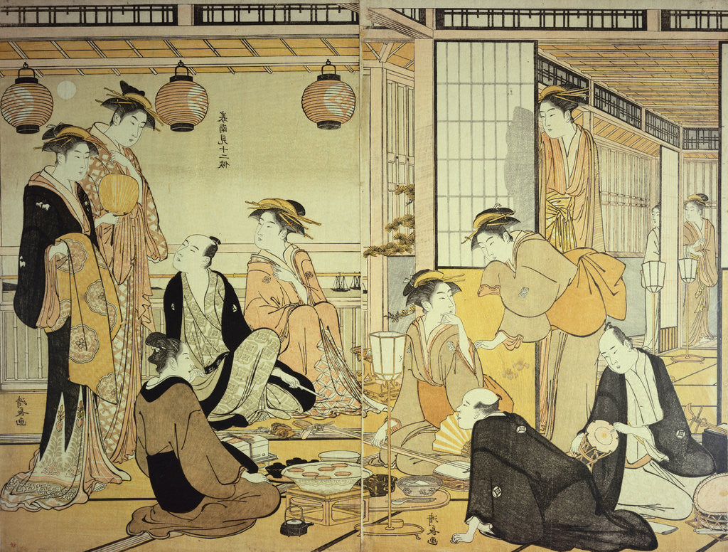 Detail of Young Men Entertained by Courtesans on a Veranda in Shinagawa by Torii Kiyonaga