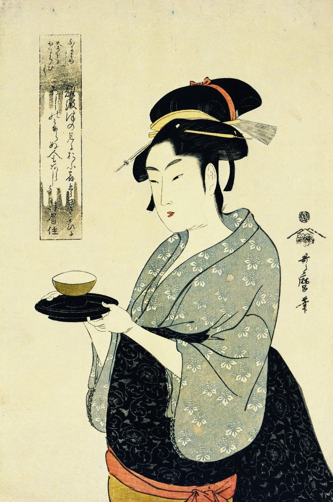 Detail of A Half-Length Portrait of Naniwaya Okita, Depicting the Famous Teahouse Waitress Serving a Cup of Tea by Utamaro