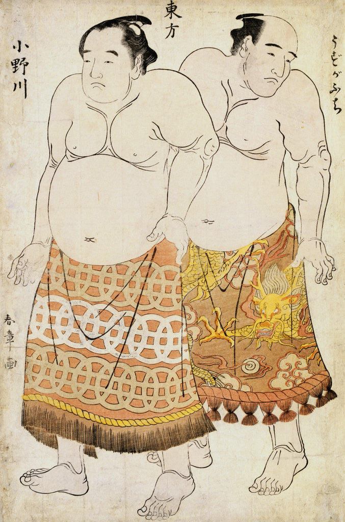Detail of Full-Length Portraits of Wrestlers from the Eastern Group, Uzugafuchi on the Right and Onogawa on the Left by Shunsho