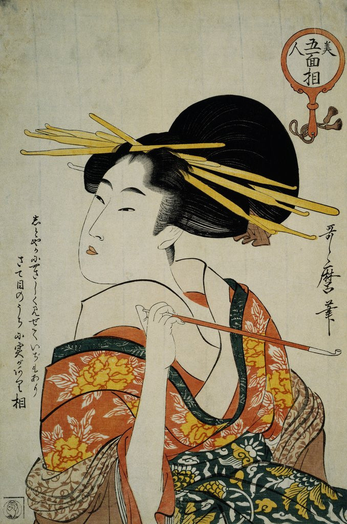 Detail of Portrait of a Courtesan Smoking Her Pipe by Utamaro
