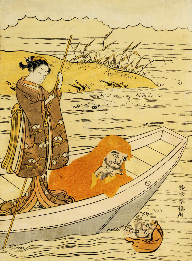 Detail of Daruma Shaving in a Boat, Watching His Reflection in the Stream, a Beauty Poling the Boat by Harunobu