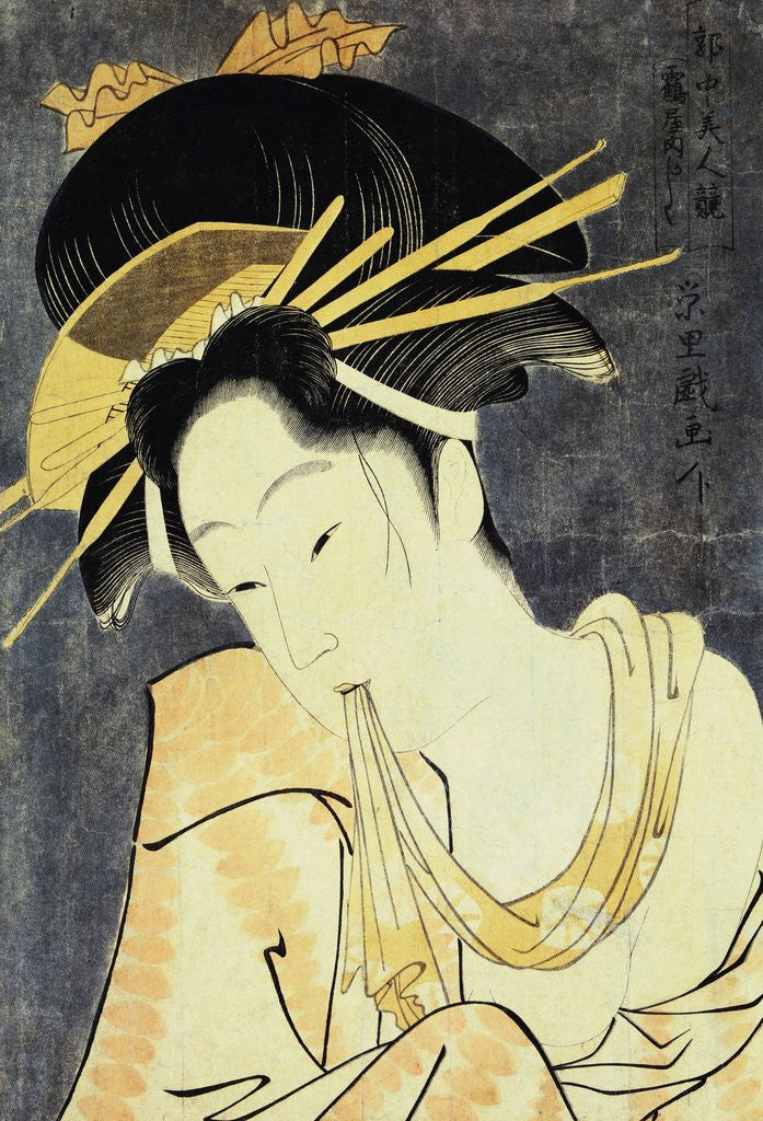 Detail of The Courtesan Kashiku of the Tsuruya Holding in Her Teeth an End of Cloth Draped Around Her Bare Shoulder by Eiri
