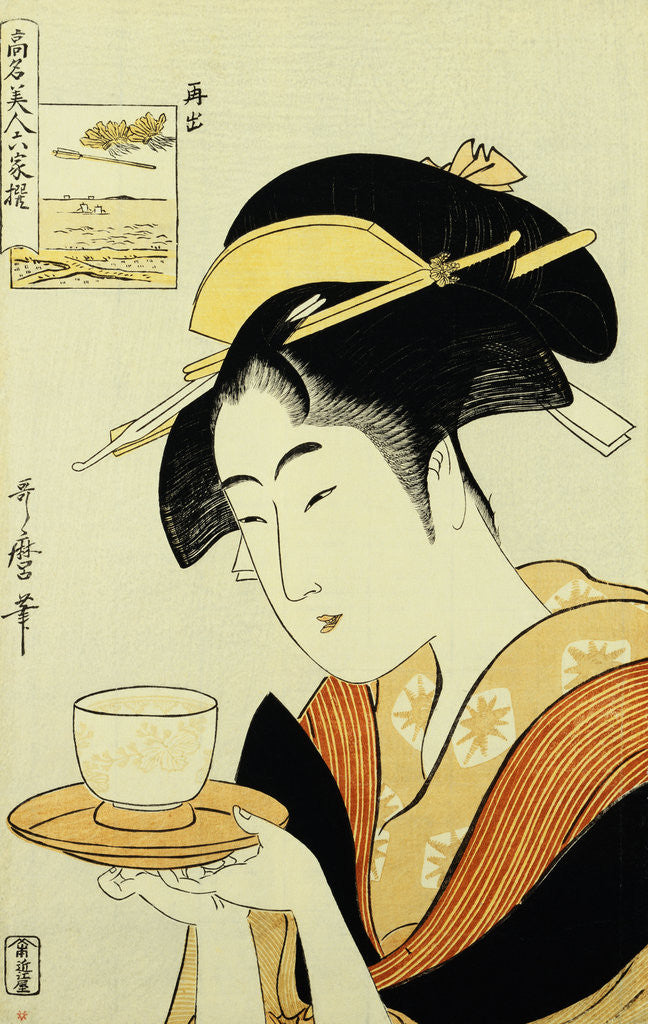 Detail of Portrait of the Teahouse Waitress Naniwaya Okita Serving a Cup of Tea on a Tray by Utamaro