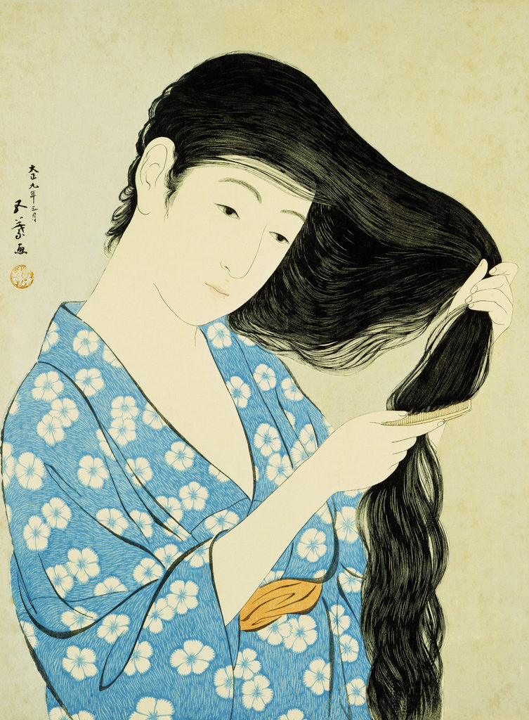 Detail of A Half-Length Portrait of a Beauty Combing Her Hair by Goyo