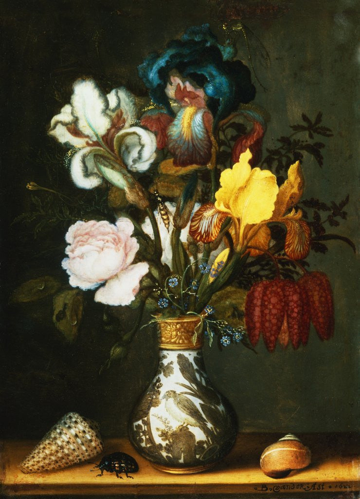 Detail of Irises, Roses and Other Flowers in a Porcelain Vase by Balthasar van der Ast