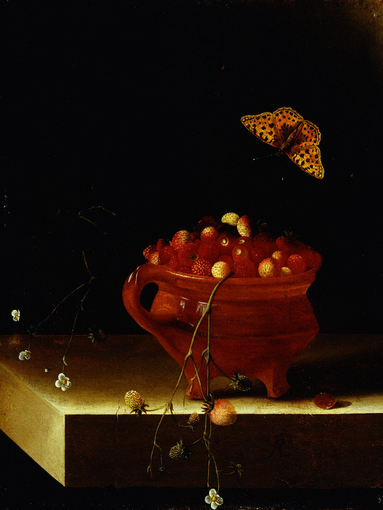 Detail of A Pot of Wild Strawberries on a Stone Ledge with a Butterfly by Adriaen Coorte