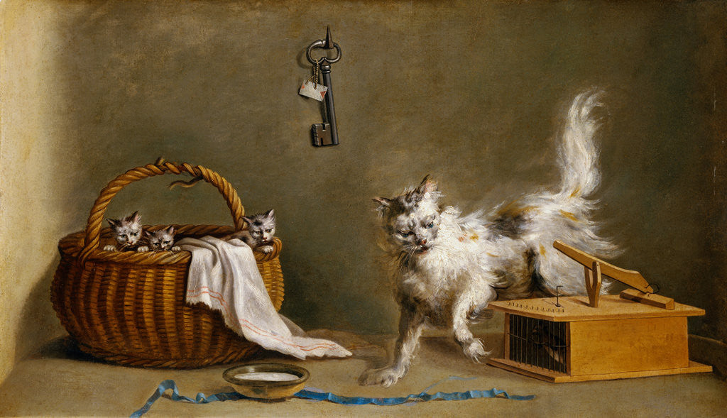 Detail of A Mouse Trap with a Cat and Kittens in a Basket by Jean Jacques Bachelier
