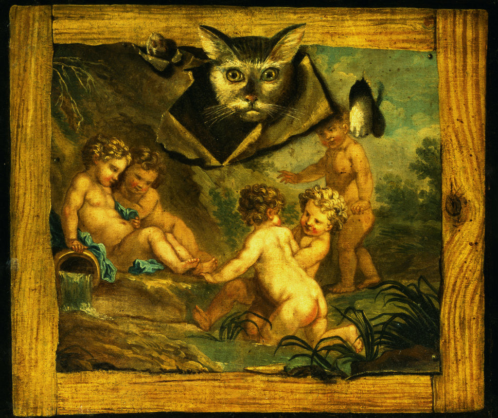 Detail of Trompe l'Oeil of a Cat Bursting Through a Painting by Circle of Jean Jacques Bachelier