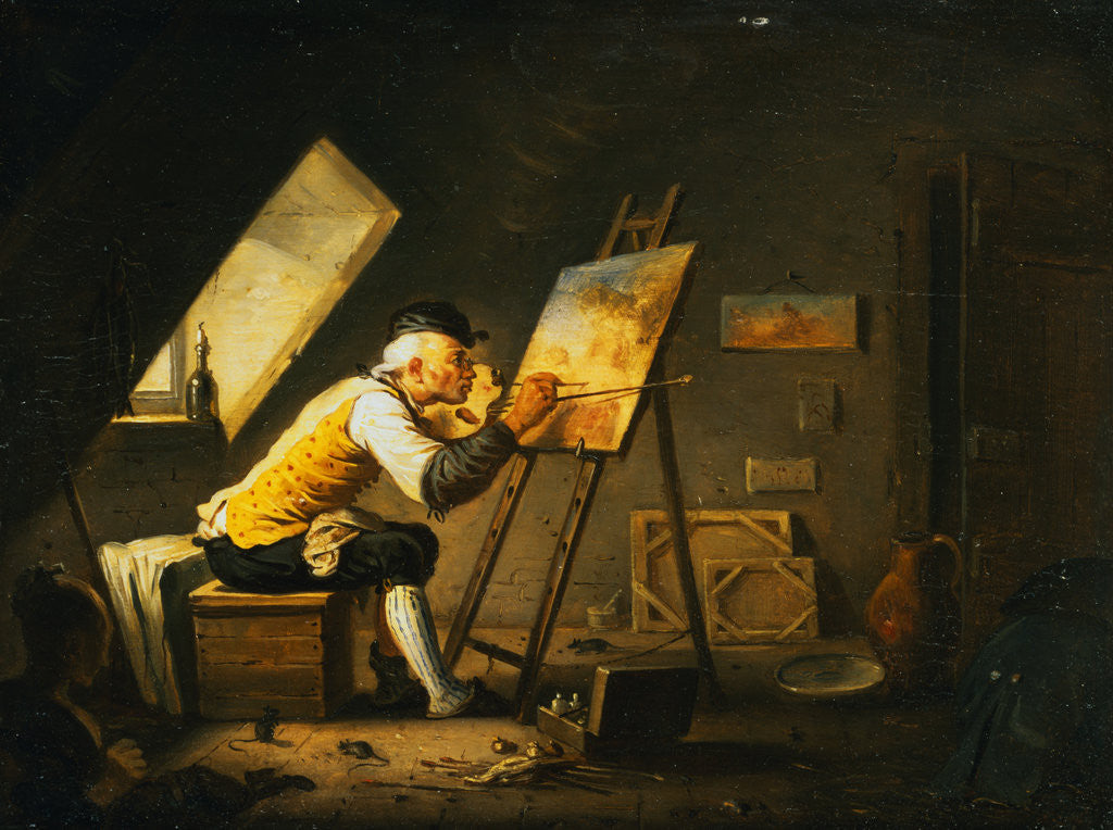 Detail of Painter Painting in a Garret Studio by Alexandre Joseph Desenne
