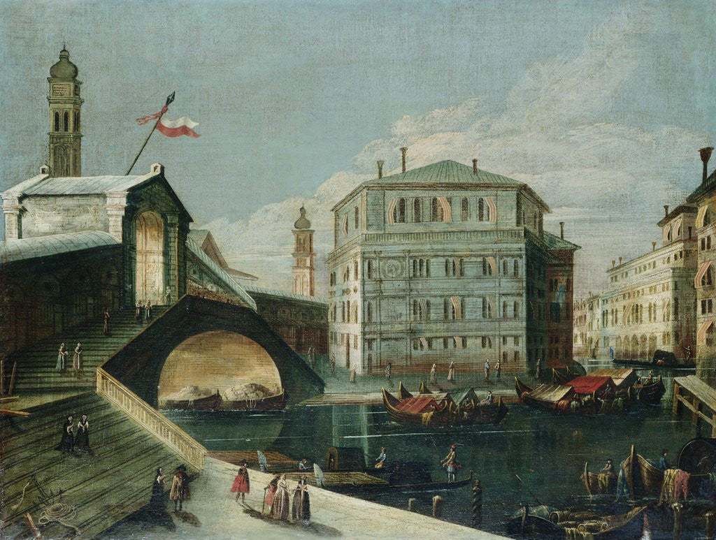 Detail of The Rialto Bridge, Venice, from the Southwest by School of Luca Carlevariis