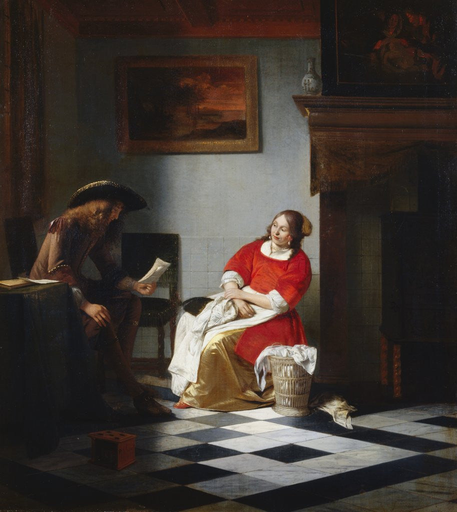 Detail of A Gentleman Reading a Letter to His Wife (?) in an Interior by Pieter de Hooch
