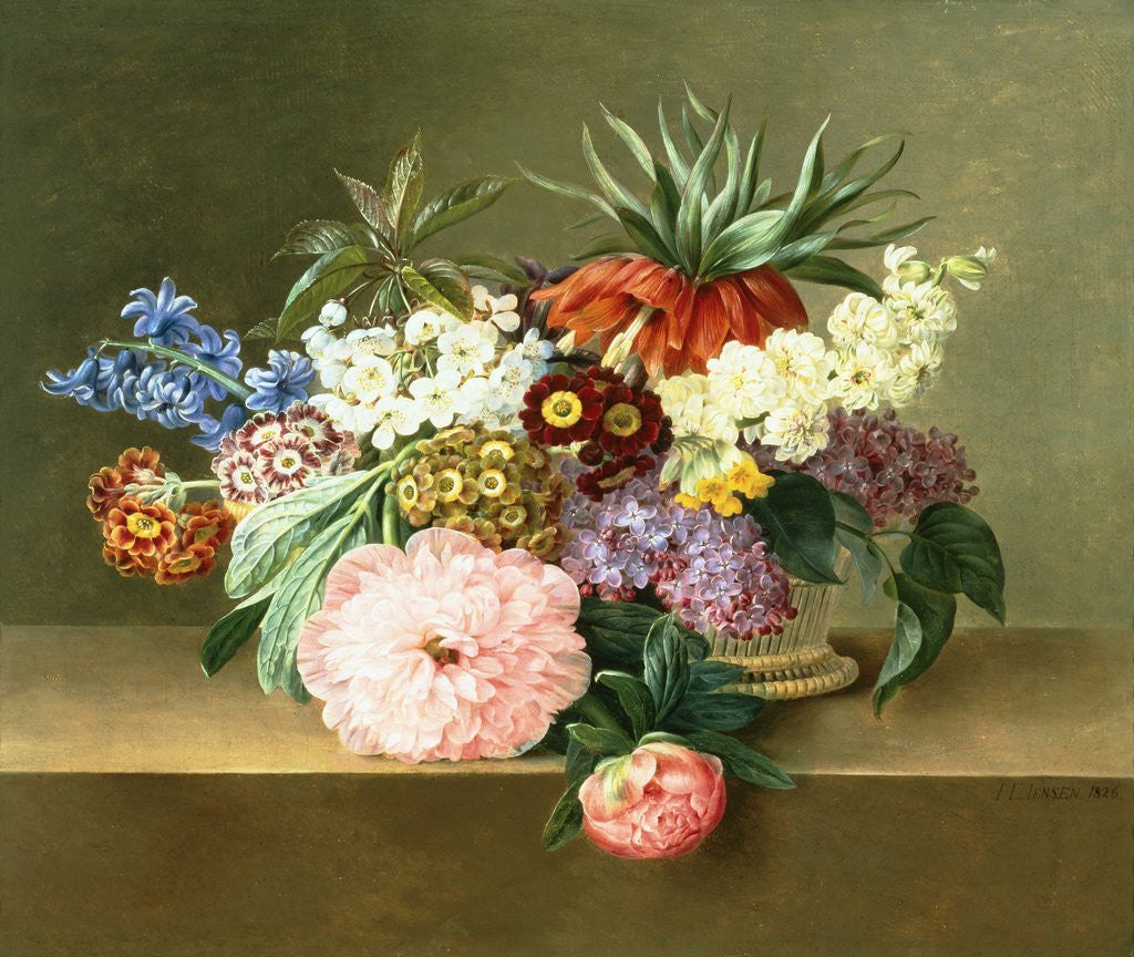 Detail of Iris, Lilac, Primulae and Blossom in a Basket by Johan Laurentz Jensen