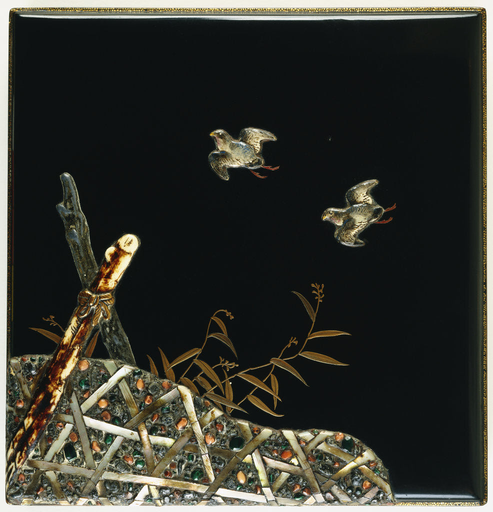 Detail of A Lacquer Suzuribako Decorated in Gold Hiramakie on a Roironuri Ground and Inlaid in Mother-of-Pearl, Coral and Enamelled Stoneware with Birds Above by Anonymous