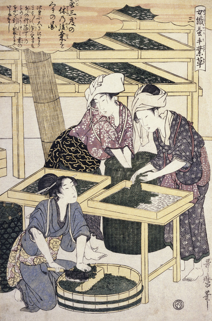 Detail of Silkworm Culture by Women Featuring Two Women Transferring Silkworm Eggs by Hitsu Utamaro