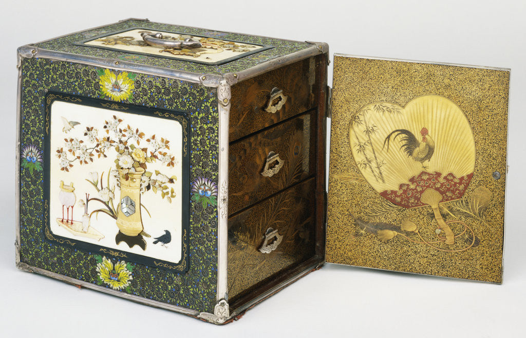 Detail of A Silver Kodansu, the Sides with Four Shibayama Panels Depicting Household Ornaments by Masayuki