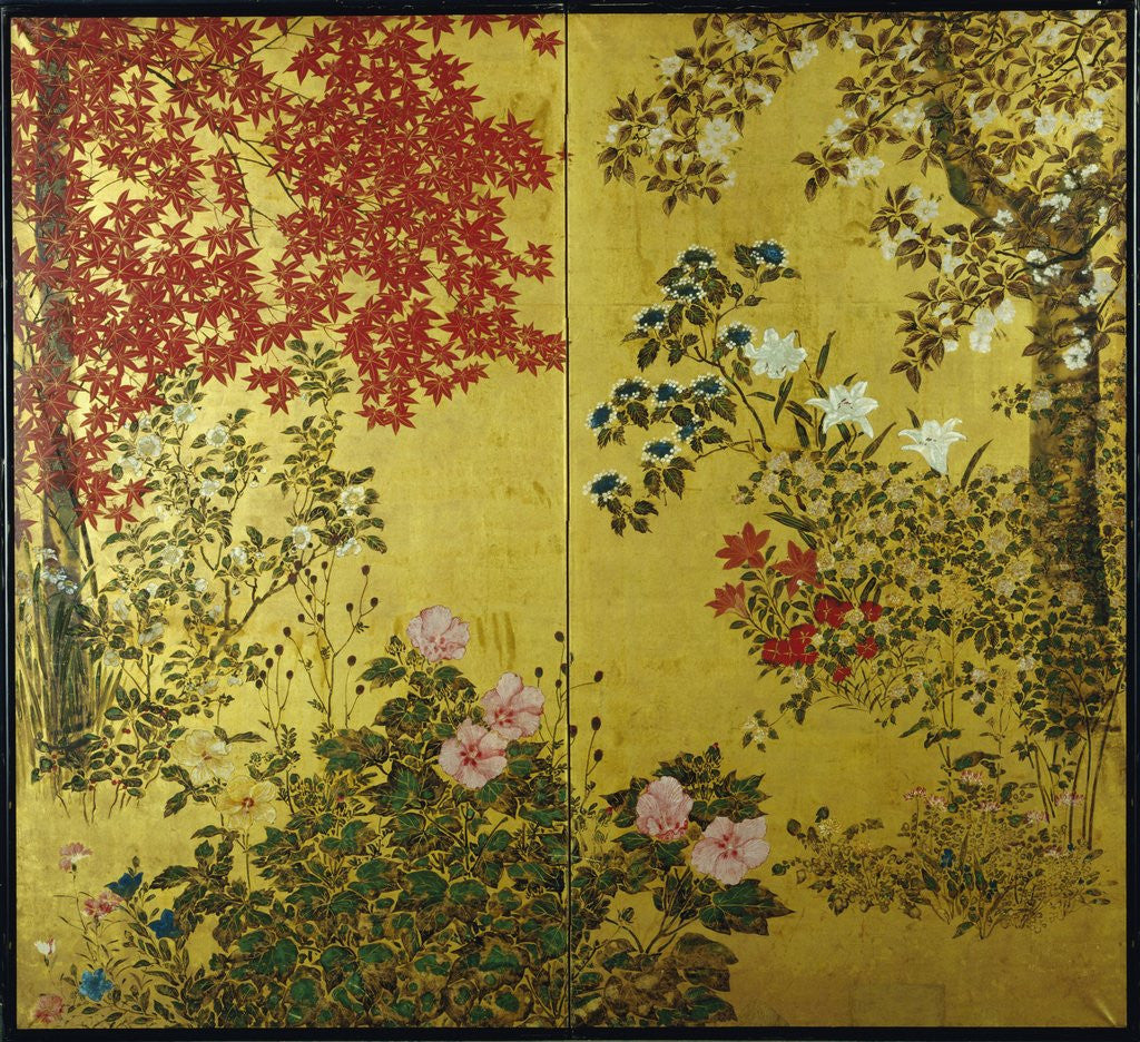 Detail of Japanese Screen with Trees and Flowering Plants by Anonymous