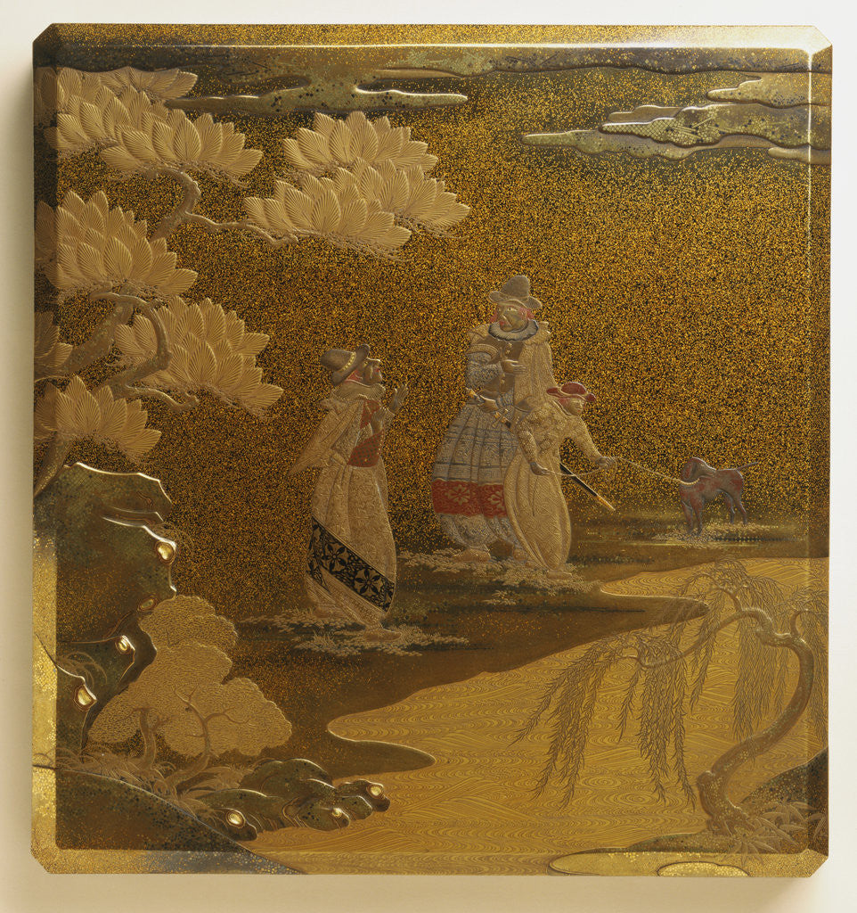 Detail of Lacquer Namban Suzuribako Decorated in Gold, Silver, Red and Black, with Cover Design Depicting Two Portuguese in Typical Costume and an Attendant by Anonymous