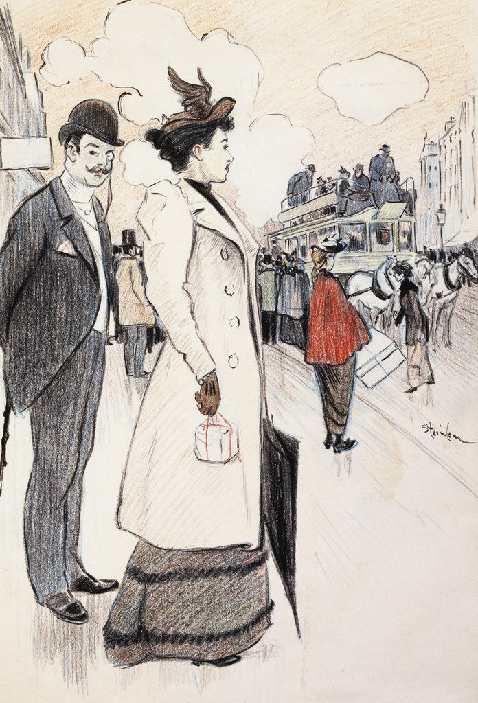 Detail of Book Illustration Showing a Street Scene with a Couple Waiting for a Trolley by Theophile Alexandre Steinlen
